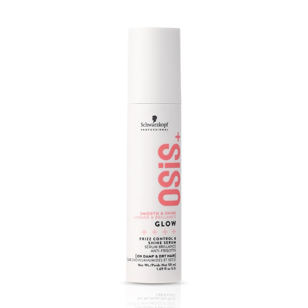 OSiS+ Glow bottle front view showing lightweight anti-frizz shine