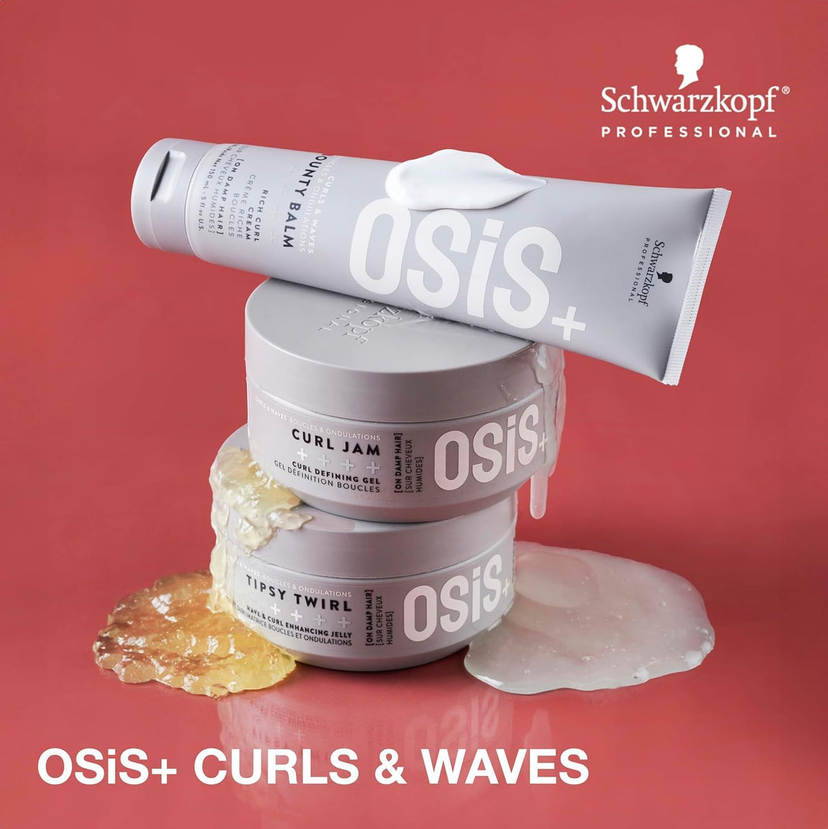 OSiS+ Tipsy Twirl damp-hair-application boosts smooth, touchable curls.