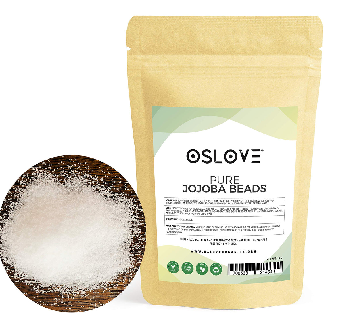 Oslove Organics jojoba beads closeup for gentle exfoliation