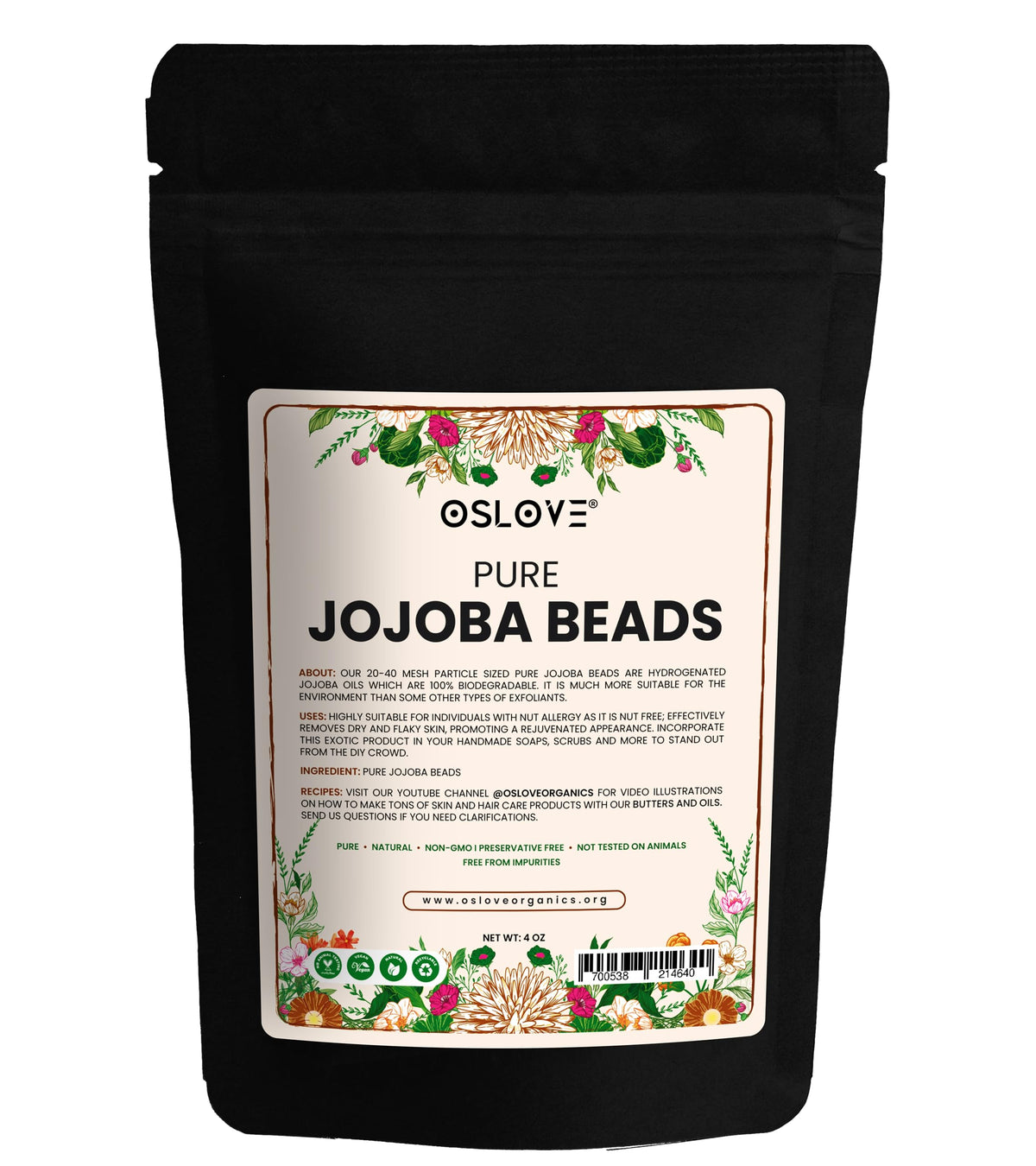 Oslove Organics jojoba beads highlight smooth edges for safe exfoliation