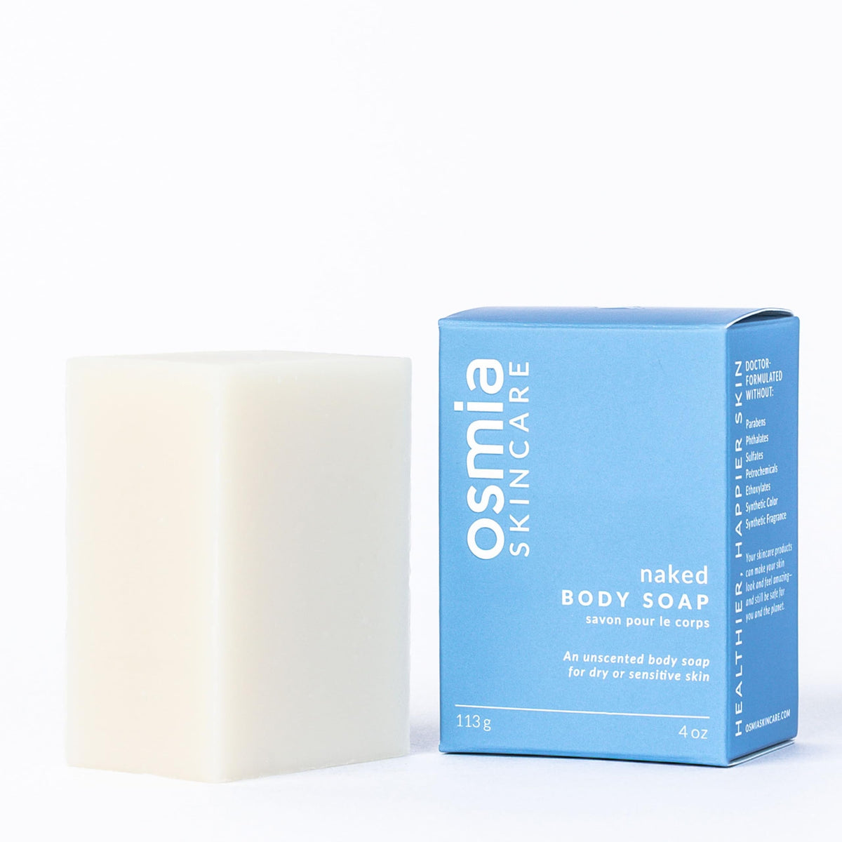 Osmia Naked Body Soap bottle front, unscented formula for sensitive skin.