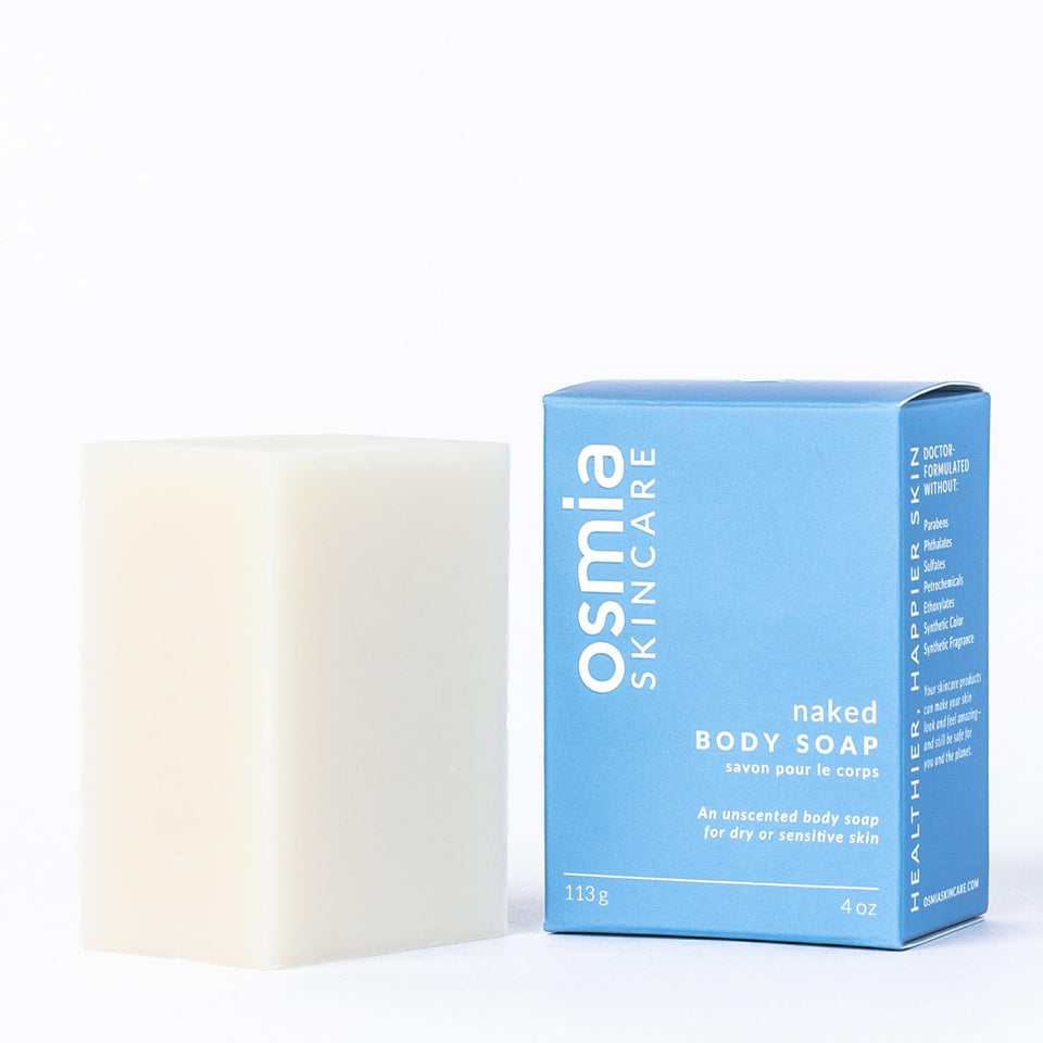 Osmia Naked Body Soap bottle front, unscented formula for sensitive skin.