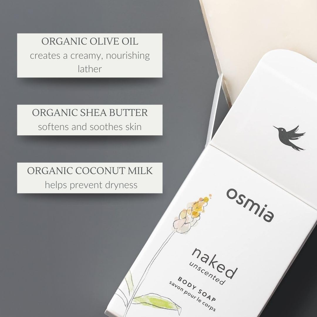 Packaging flatlay of Osmia Naked Body Soap showing clean ingredients.