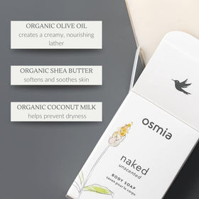 Packaging flatlay of Osmia Naked Body Soap showing clean ingredients.