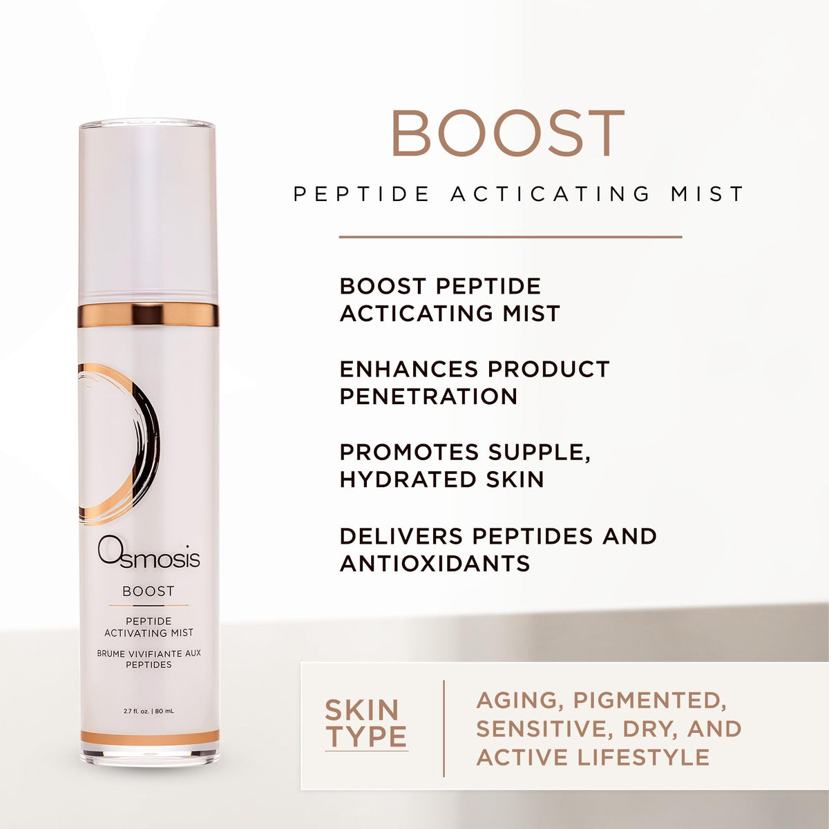 OSMOSIS Boost facial mist sprayed onto the face for continuous hydration.