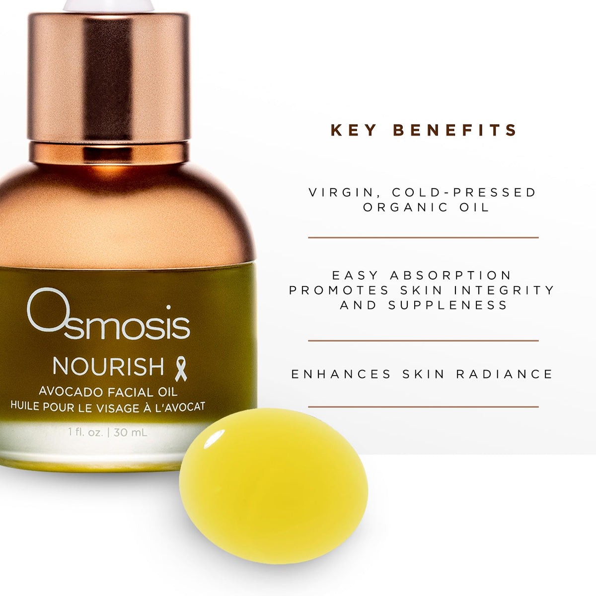 OSMOSIS Nourish avocado oil texture close-up — light, quickly absorbed hydration.