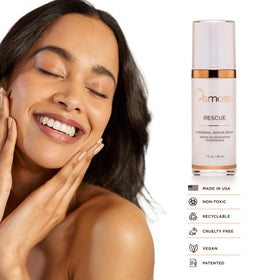 Osmosis Rescue face application on cheek demonstrates morning or evening routine.