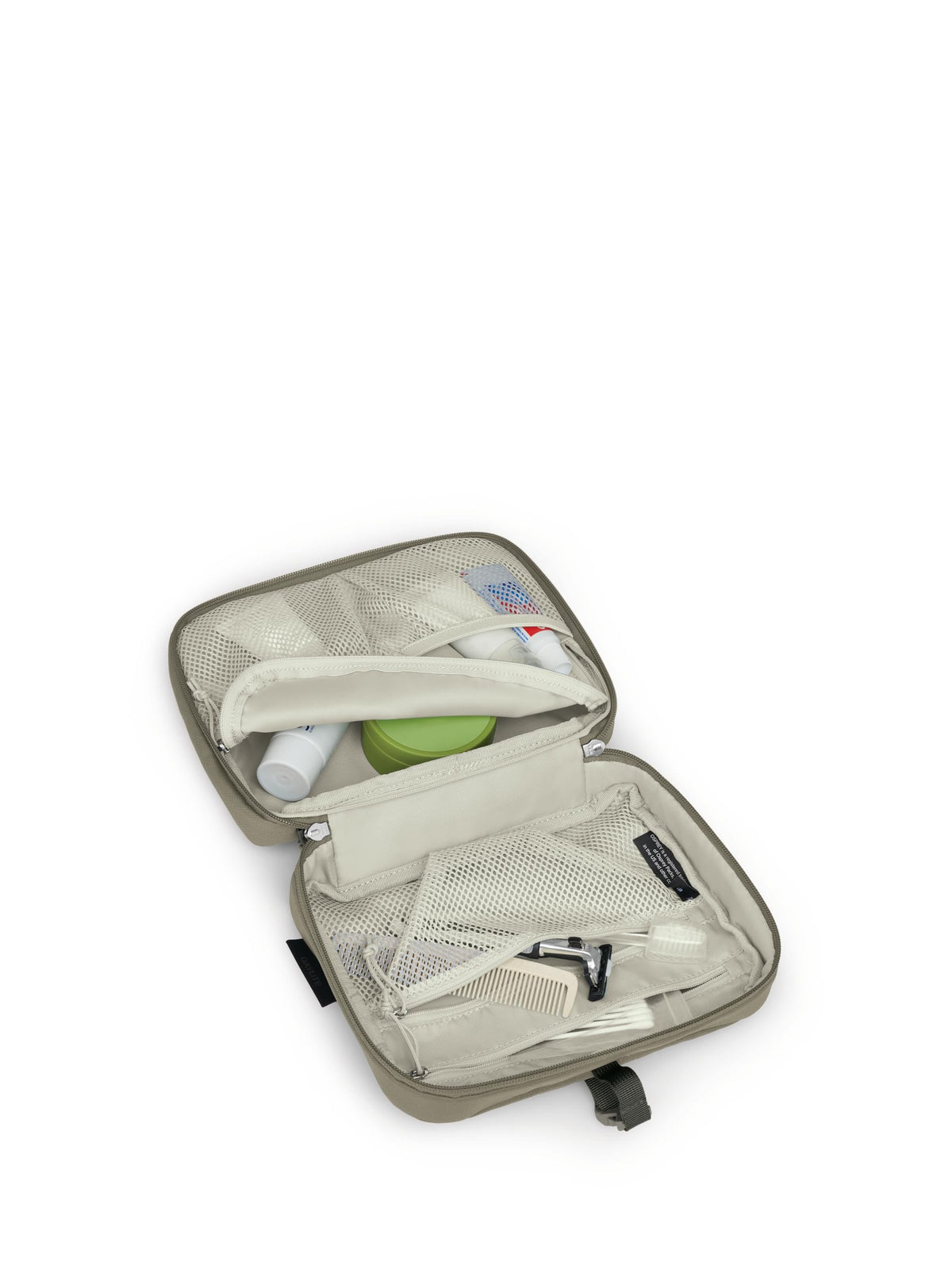 Osprey Daylite Hanging Toiletry Kit tan concrete, compact dimensions for carry-on use.