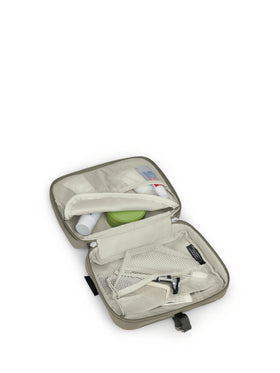 Osprey Daylite Hanging Toiletry Kit tan concrete, compact dimensions for carry-on use.