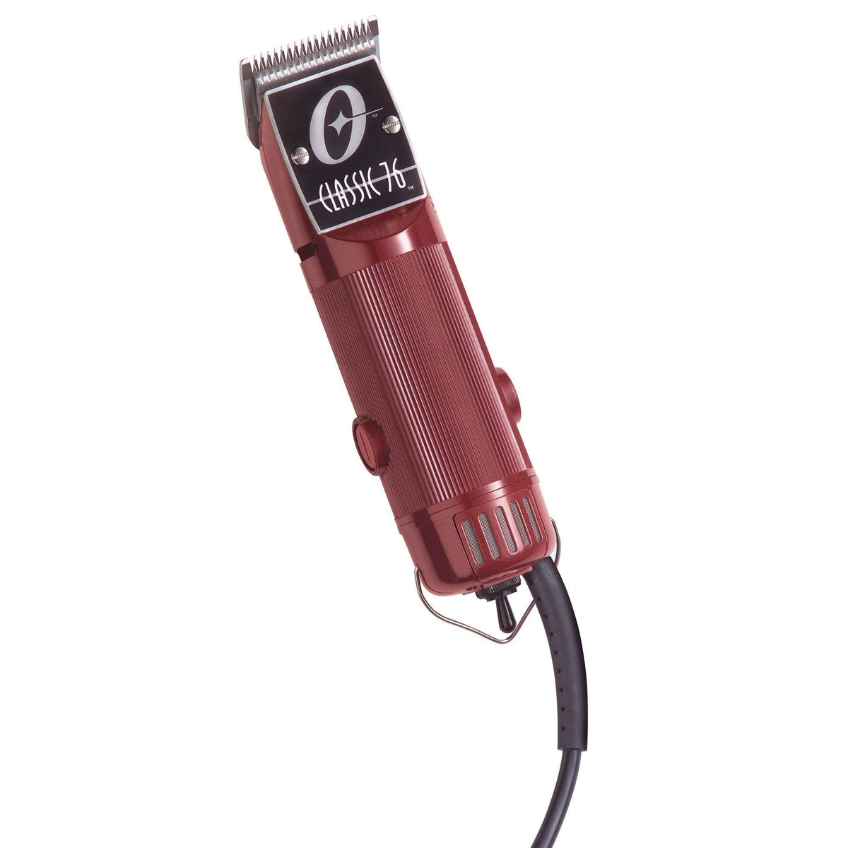 Oster Classic 76 burgundy corded clipper with a 9-foot cord for flexible maneuvering.