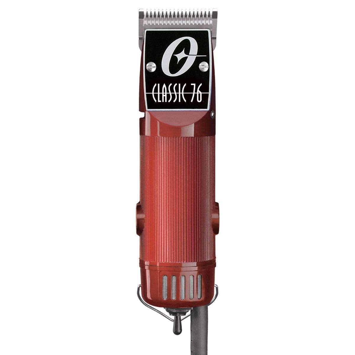 Oster Classic 76 burgundy clippers front view, showing durable housing for all-day barber use.