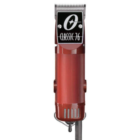 Oster Classic 76 burgundy clippers front view, showing durable housing for all-day barber use.