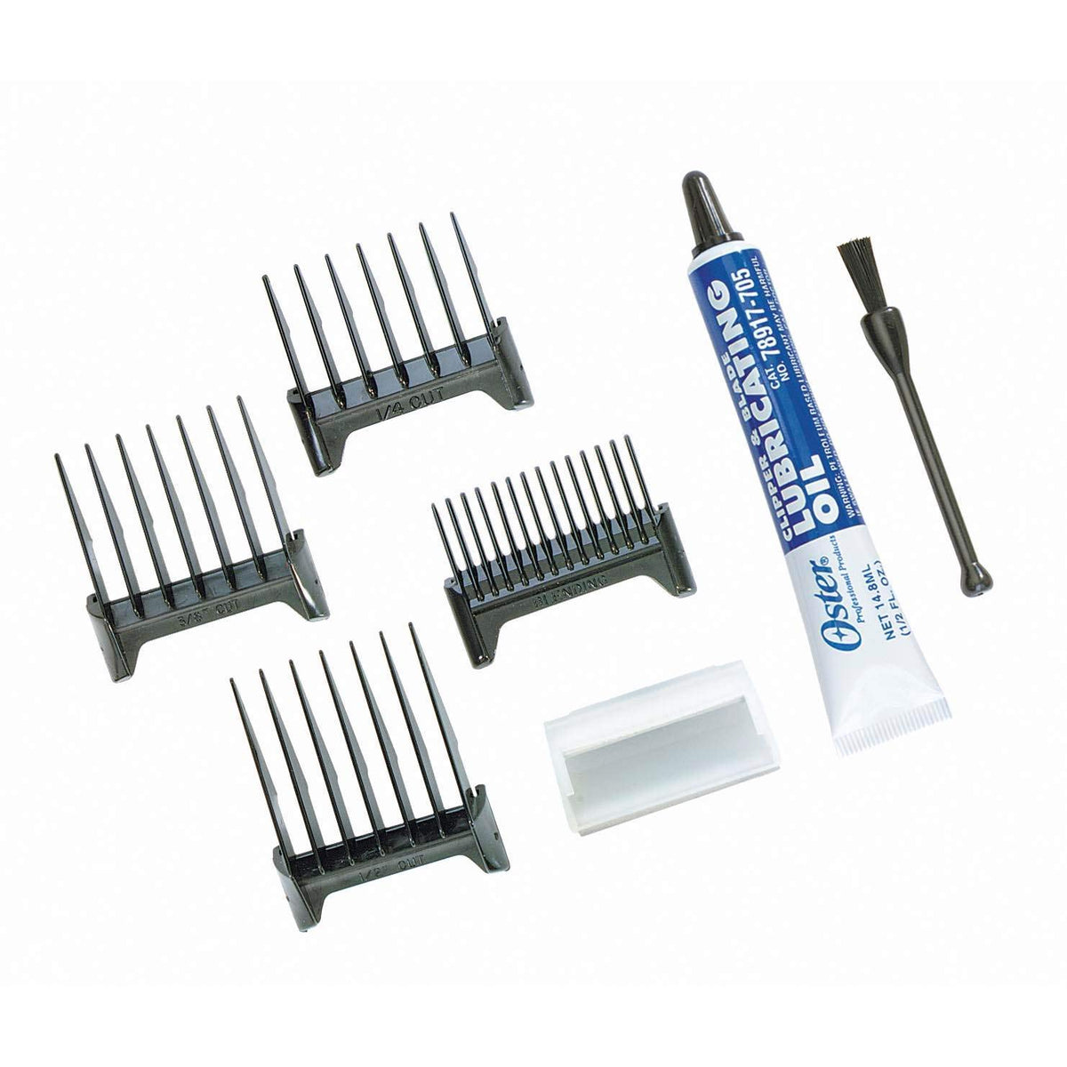 Oster four guide combs set enables blending and precise lengths.