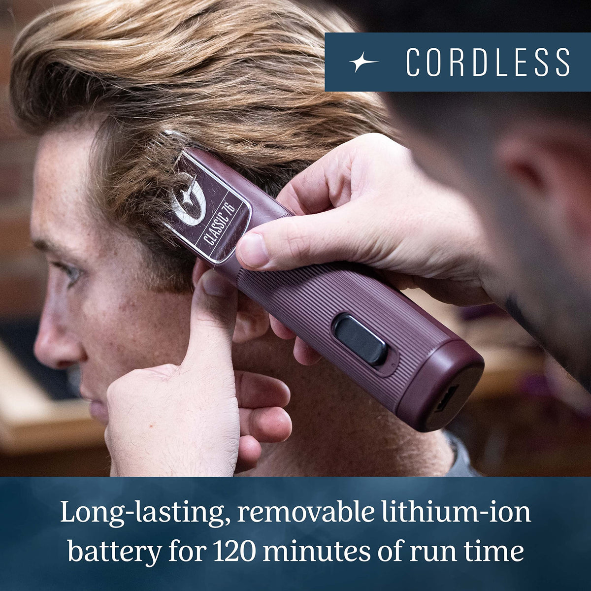 Oster Professional Burgundy clipper with detachable blades enables quick blade changes.