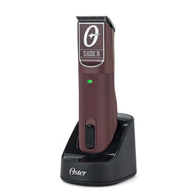 Oster Professional Burgundy 76 Clipper demonstrates cordless freedom for busy barbers.