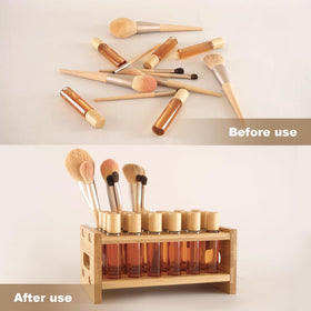 OSZKO ultra-sturdy bamboo organizer showcasing roller bottles and makeup