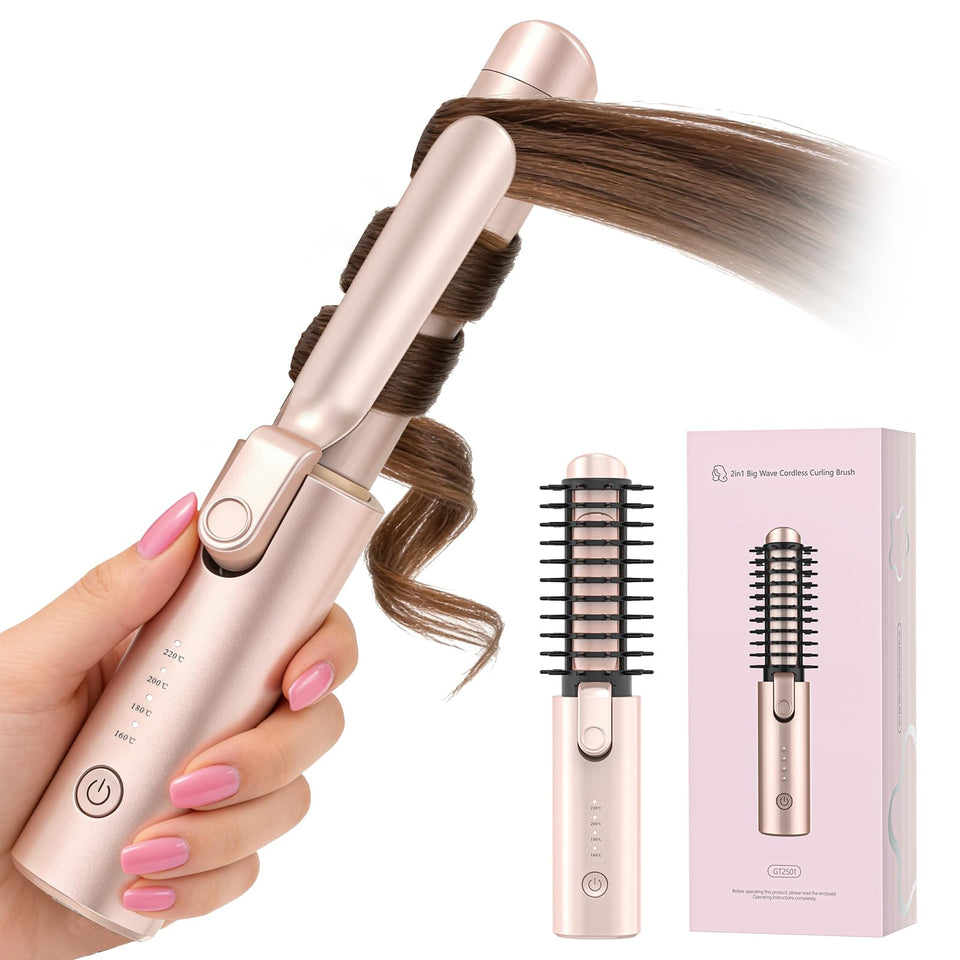 Otichannel cordless hair curler brush pink front view shows portable styling.