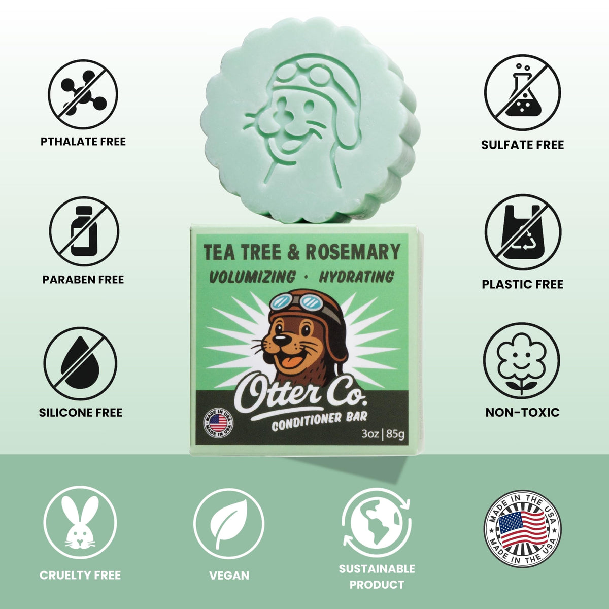 Hands applying Otter Co conditioner bar yields a lightweight lather on hair.