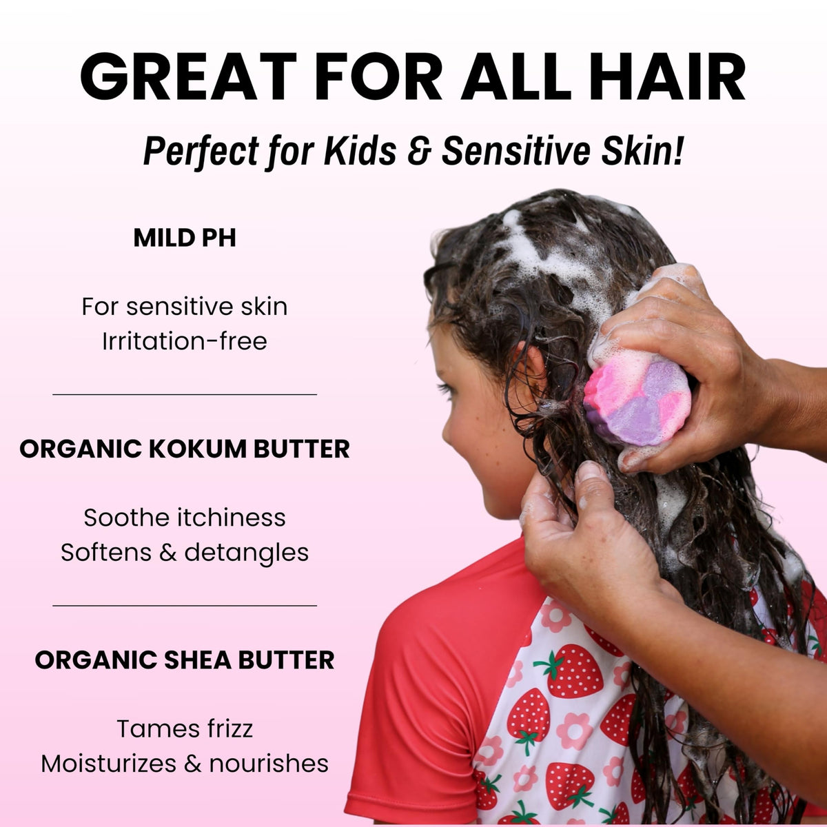 Otter Co Kids Shampoo Bar texture close-up shows creamy plant-based foam.