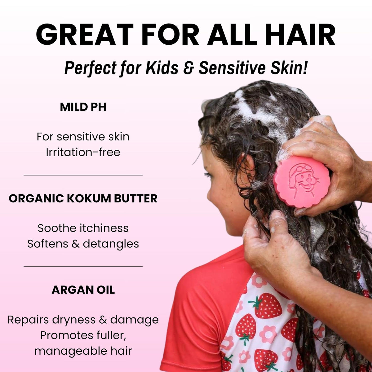 Otter Co Kids Strawberry Conditioner Bar lather demonstrates mild cleansing for sensitive hair.