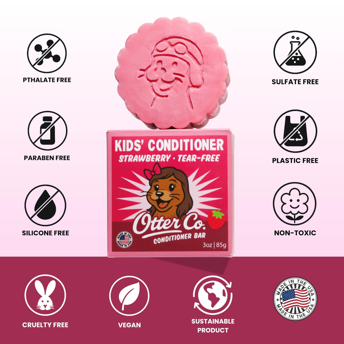 Otter Co Kids Strawberry Conditioner Bar ingredients highlight argan oil and kokum butter.