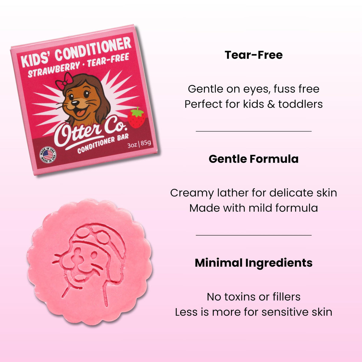 Otter Co Kids Strawberry Conditioner Bar unwrapped close-up shows creamy texture for toddlers.