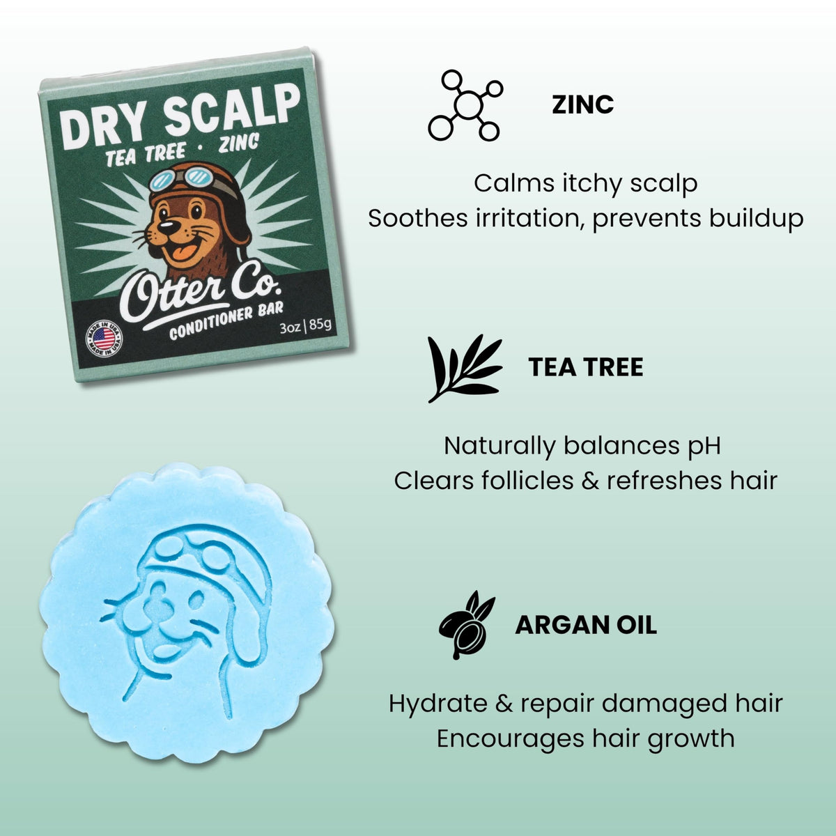 Otter Co Tea Tree Conditioner Bar ingredients include zinc pyrithione and apple cider vinegar for a clarifying wash.