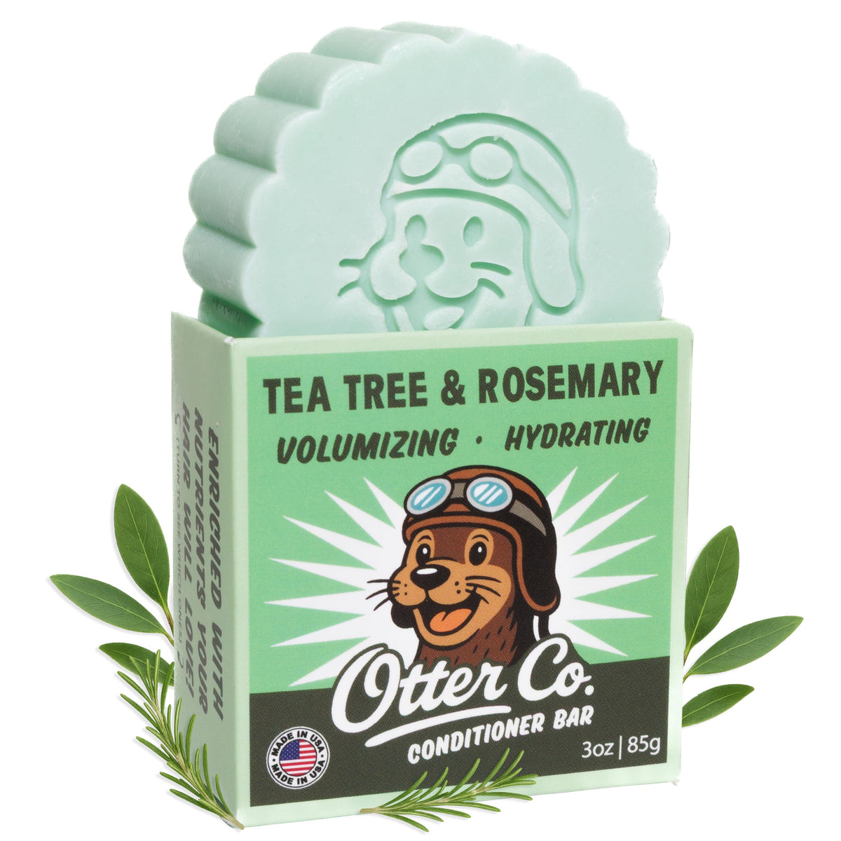 Packaging for Otter Co Tea Tree Rosemary Conditioner Bar highlights plastic-free, travel-friendly design.