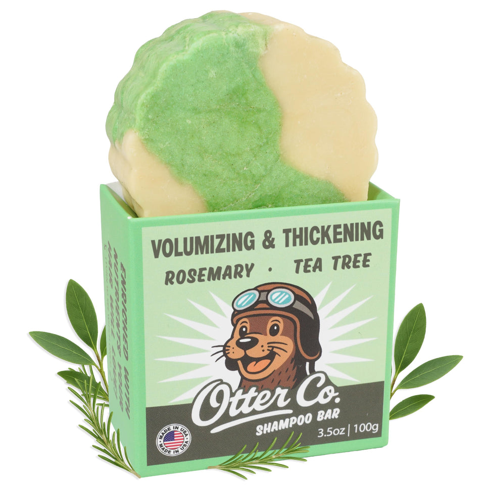 Otter co tea tree rosemary shampoo bar packaging close-up highlighting vegan, sulfate-free formula