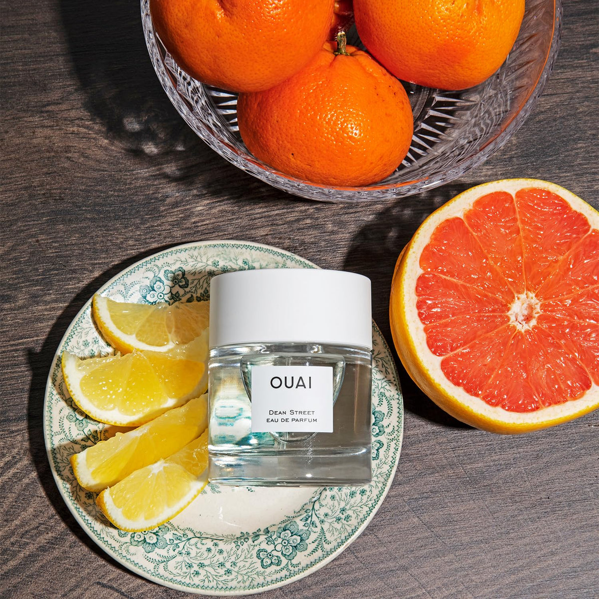 OUAI Dean Street EDP cap closeup highlighting minimalist design and fresh notes