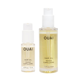 OUAI Hair Oil full-size bottle with pump offering frizz control and shine boost.