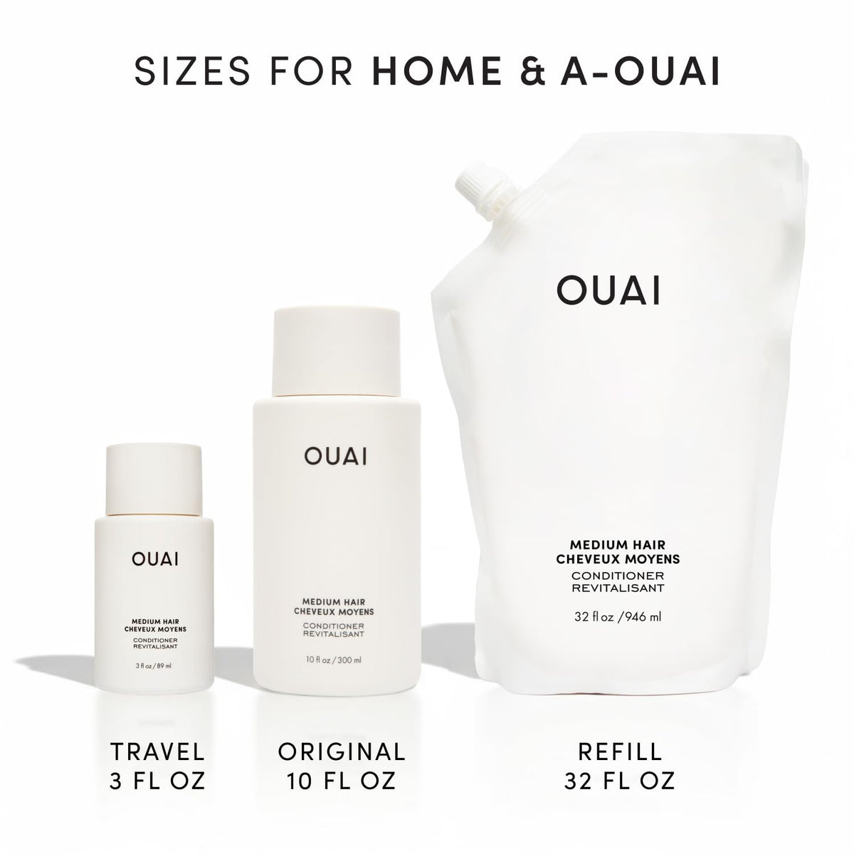 OUAI in-store display bottle showcasing travel-friendly conditioner