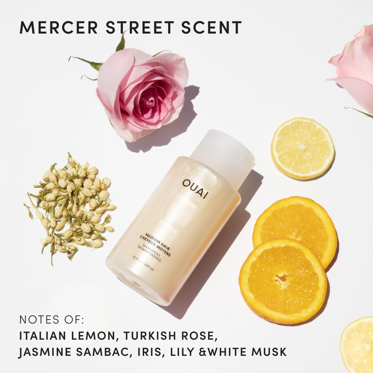 OUAI Medium Hair Shampoo roots-to-ends lather for versatile hair types with frizz control.