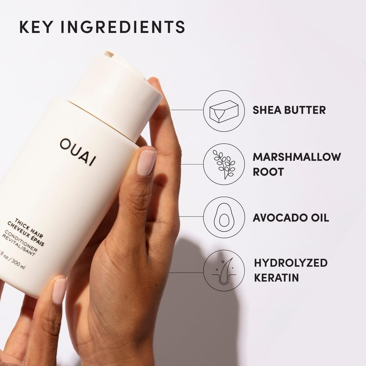 OUAI Thick Hair Conditioner marshmallow-root for detangling and manageability.