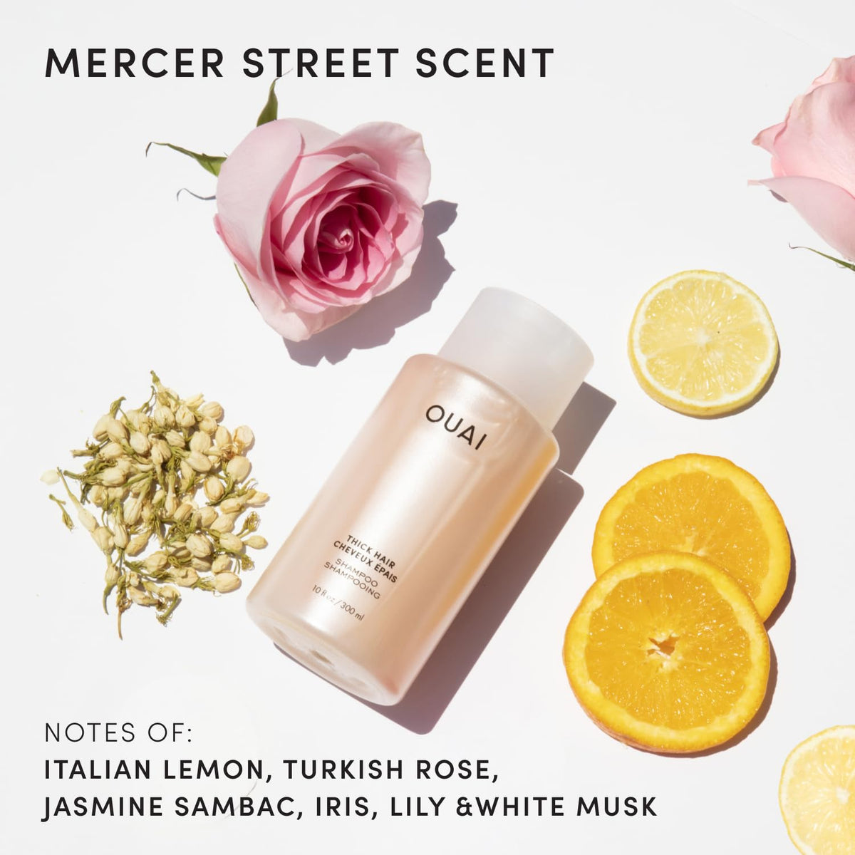 OUAI Thick Hair Shampoo label close-up showing sulfate-free formula
