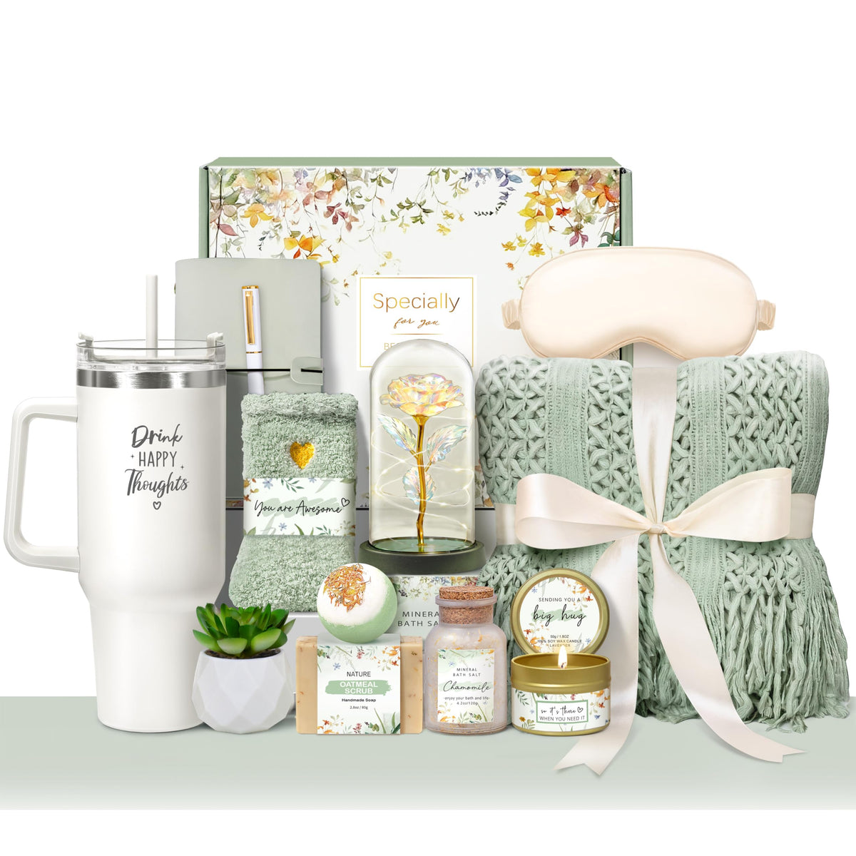 Oufrenn birthday gift basket featuring plush knitted tassel blanket for warmth.