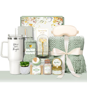 Oufrenn birthday gift basket featuring plush knitted tassel blanket for warmth.