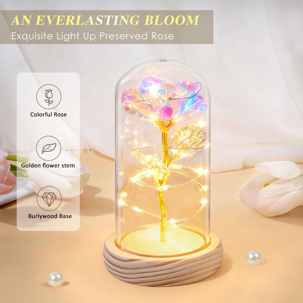 Oufrenn rose flower accent enhances the gift set presentation.