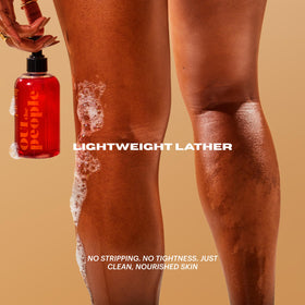 Foamy CLEAN SLATE texture lathers on skin for cleansing and exfoliation.
