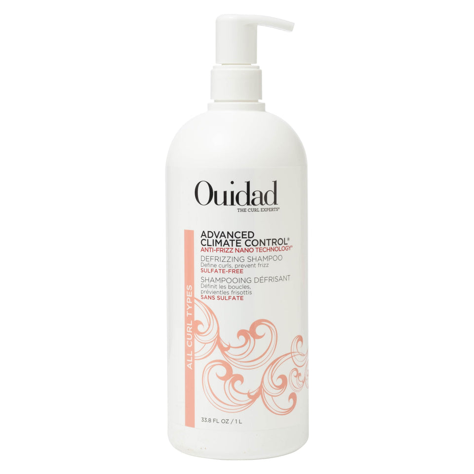 Ouidad Advanced Climate Control Defrizzing Shampoo bottle shows frizz prevention for all curls