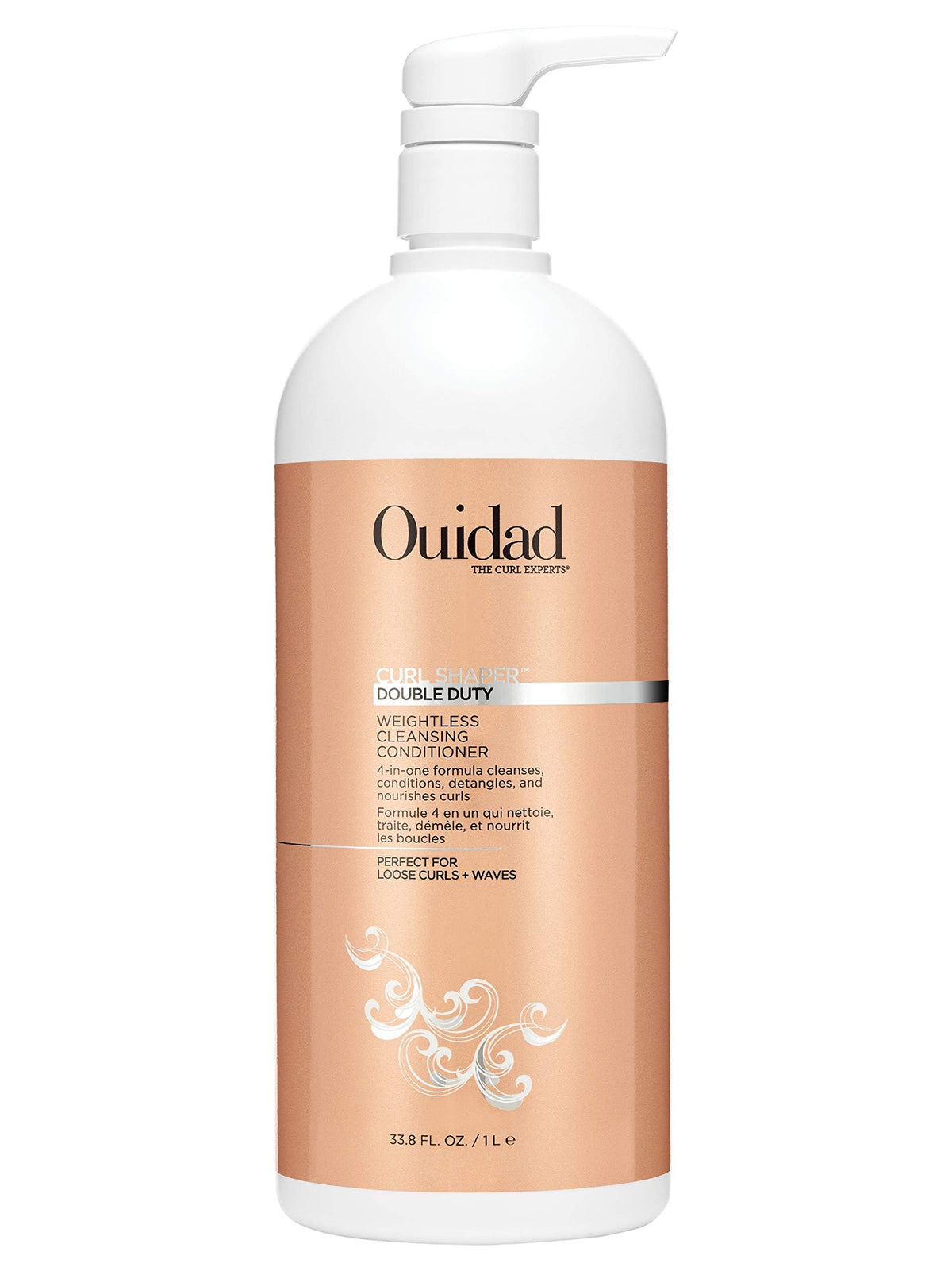 Ouidad Curl Shaper Double Duty bottle showing weightless cleansing for hydrated curls.