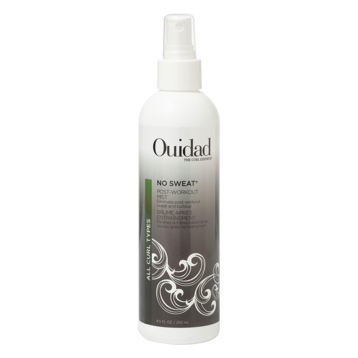 Ouidad No Sweat Post-Workout Mist bottle refreshes curls after workouts.