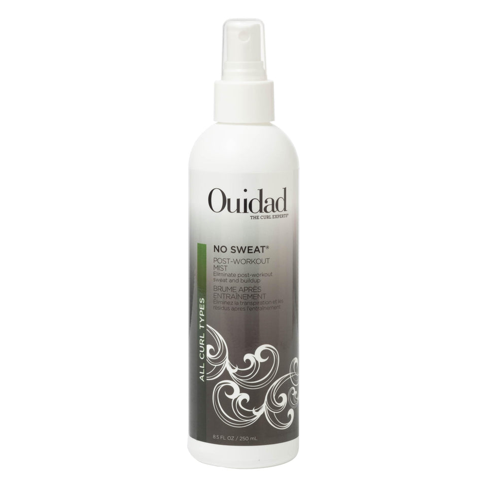 Ouidad No Sweat Post-Workout Mist bottle refreshes curls after workouts.