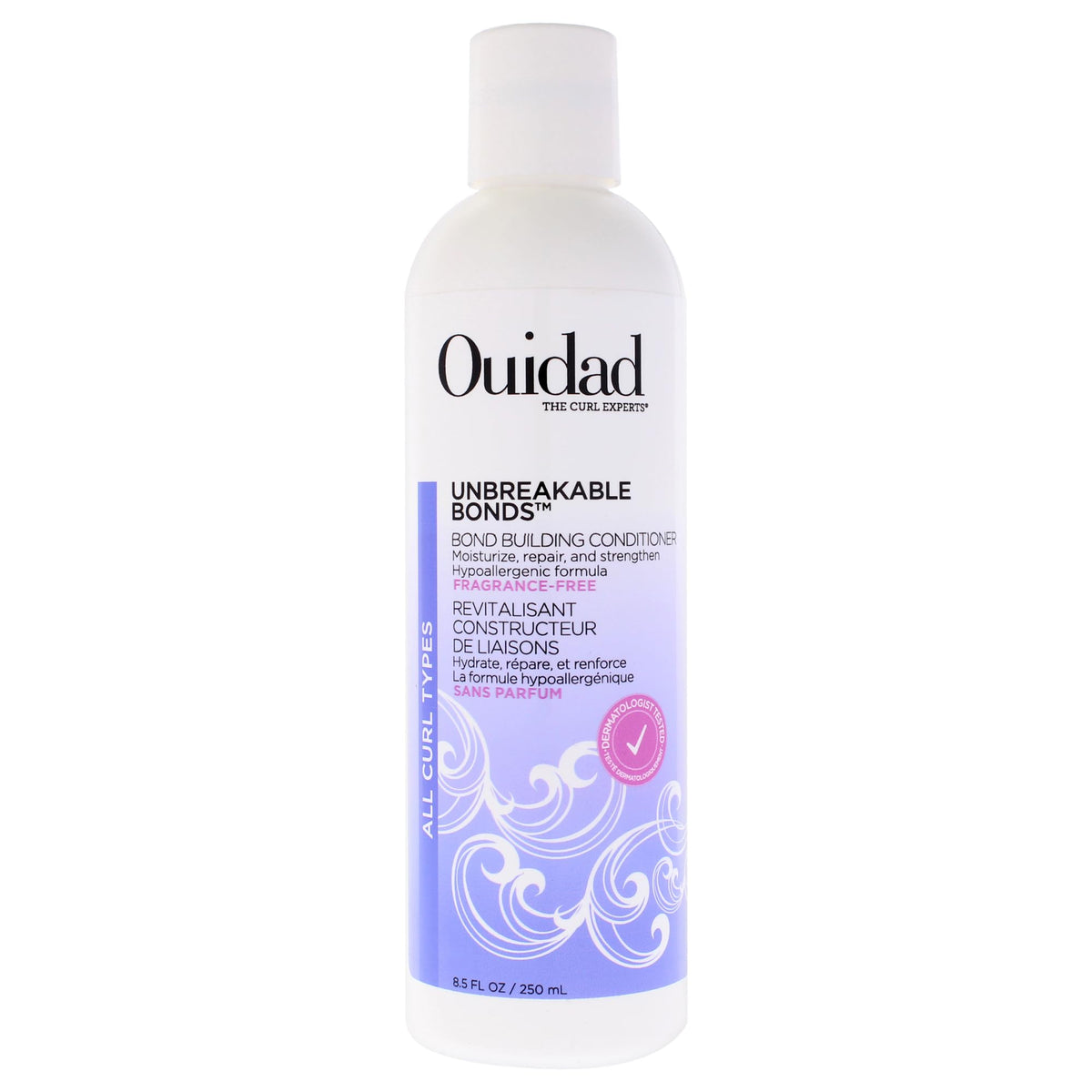 Ouidad Unbreakable Bonds conditioner bottle showing fragrance-free hydration and curl care benefits
