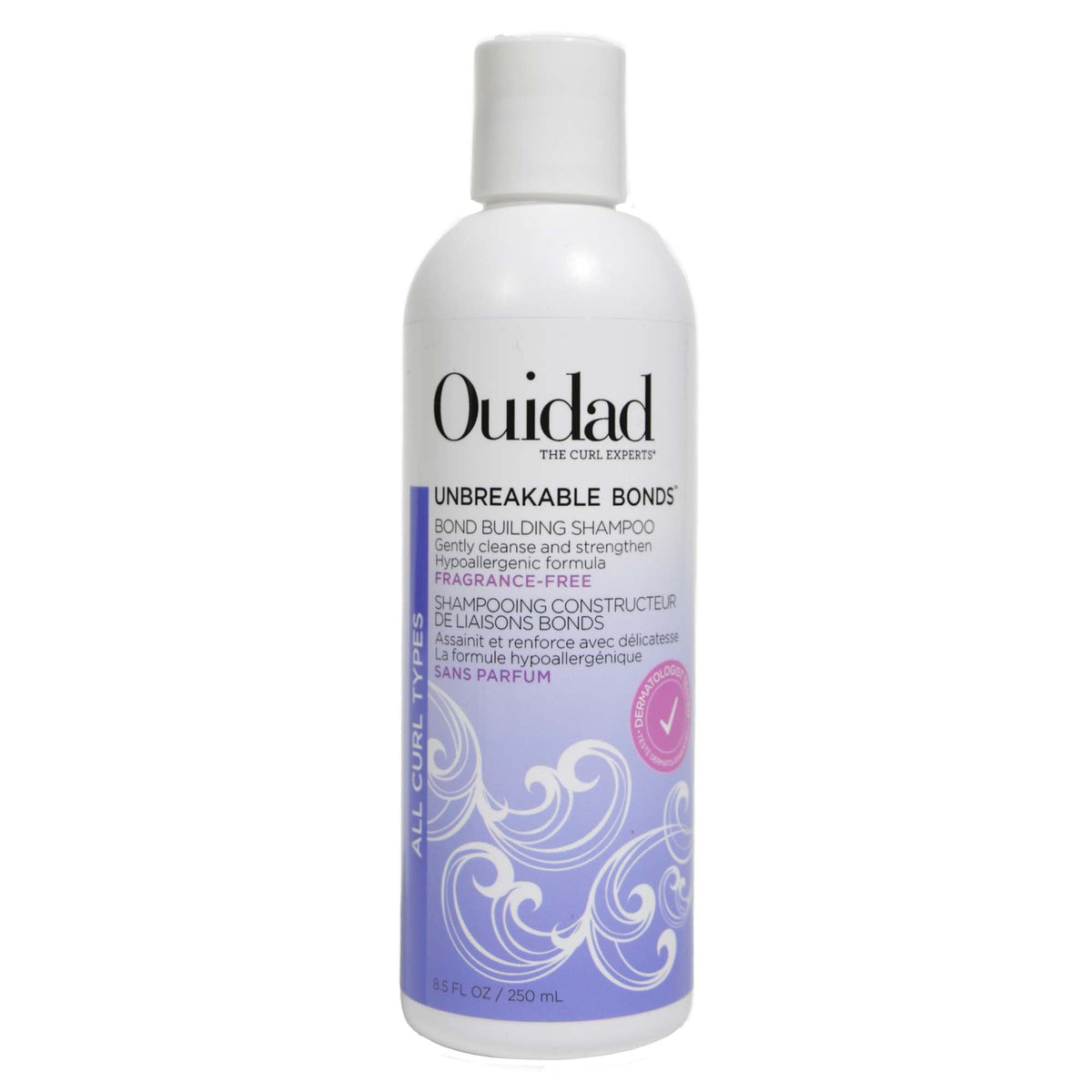 Ouidad Unbreakable Bonds Shampoo front view shows fragrance-free formula for sensitive scalps.