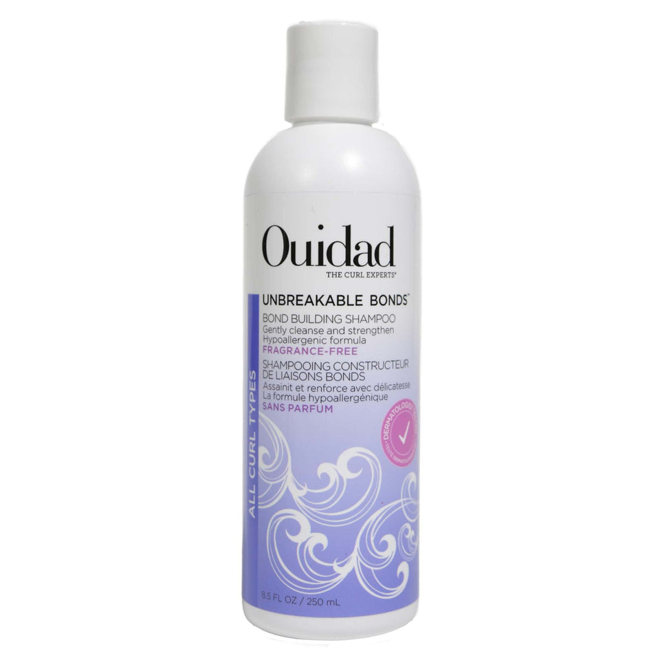 Ouidad Unbreakable Bonds Shampoo front view shows fragrance-free formula for sensitive scalps.