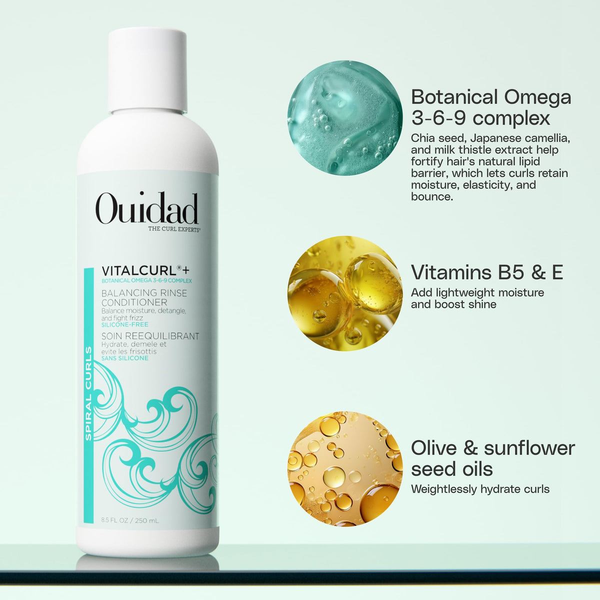 Ouidad VitalCurl+ Balancing Rinse bottle being poured for even distribution