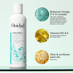 Ouidad Vitalcurl+ label close-up showing color-safe cleansing claim