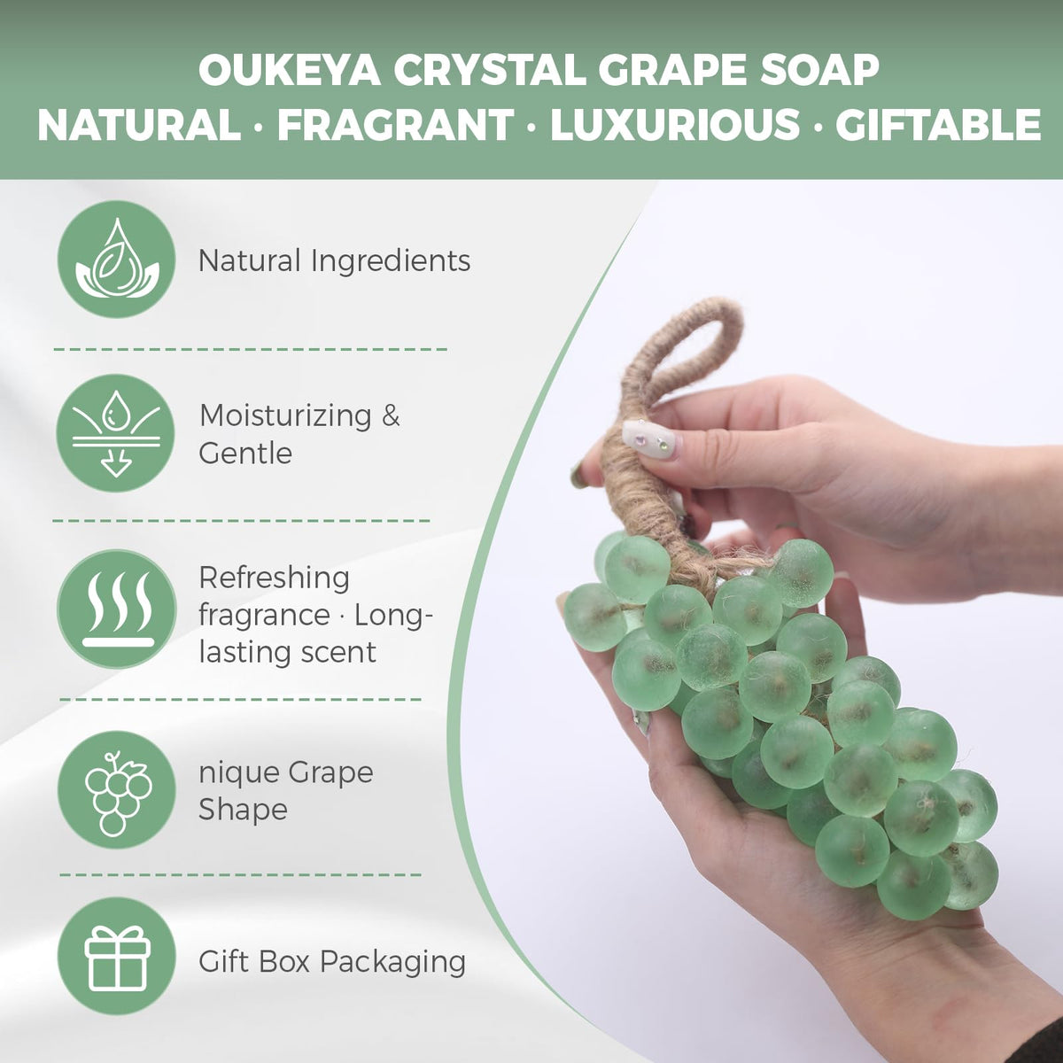 OUKEYA grape soap fruity aroma uplifts the shower experience.