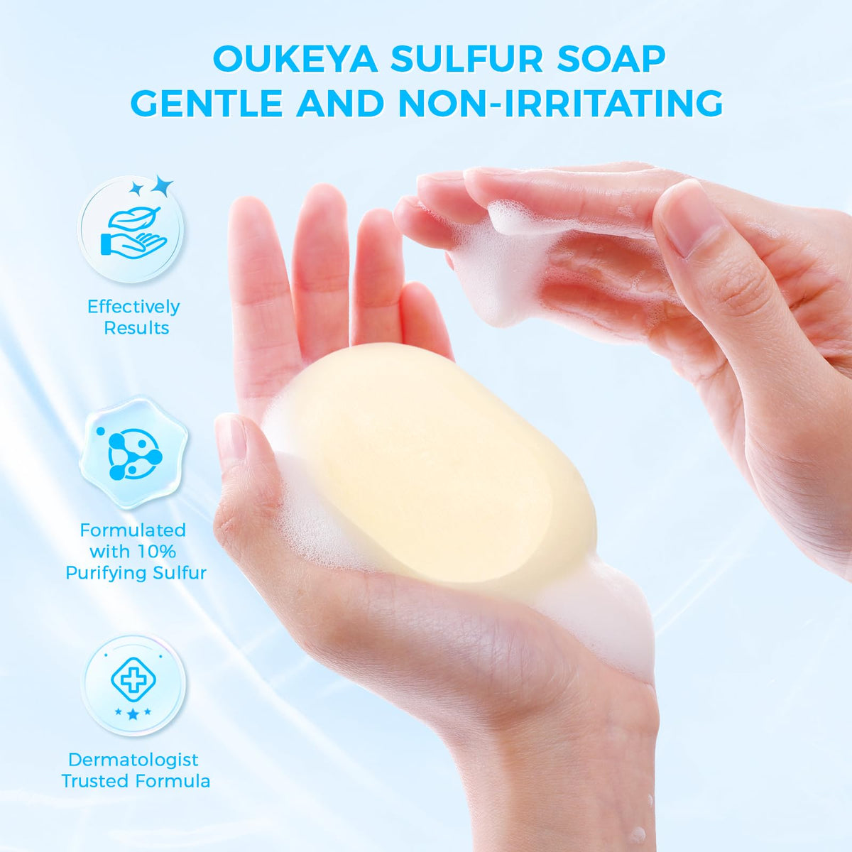 OUKEYA sulfur soap bar with tea tree oil illustration suggests refreshed skin.
